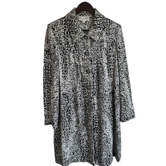 St. John Evening Sz 12 Knit Cardigan Sweater Long Jacket Black White Rhinestones - Picture 1 of 9